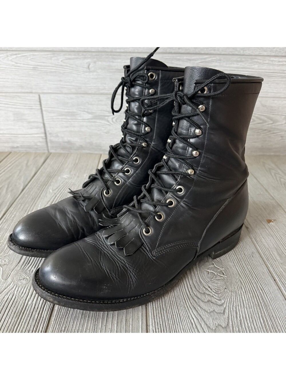 Justin Men’s Black Leather Lace Up Boots 10D Kiltie Western Work Motorcycle Rope